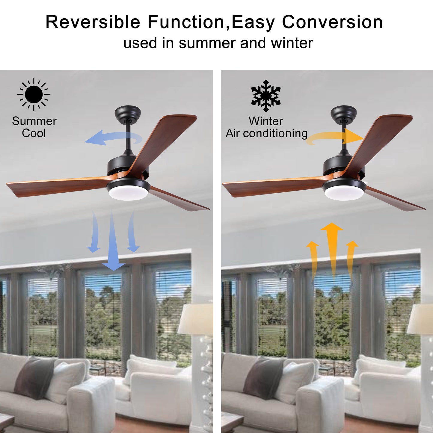 52 Natural Wood Ceiling Fan with Reversible Blades, Remote Control, and 6-Speed DC Motor