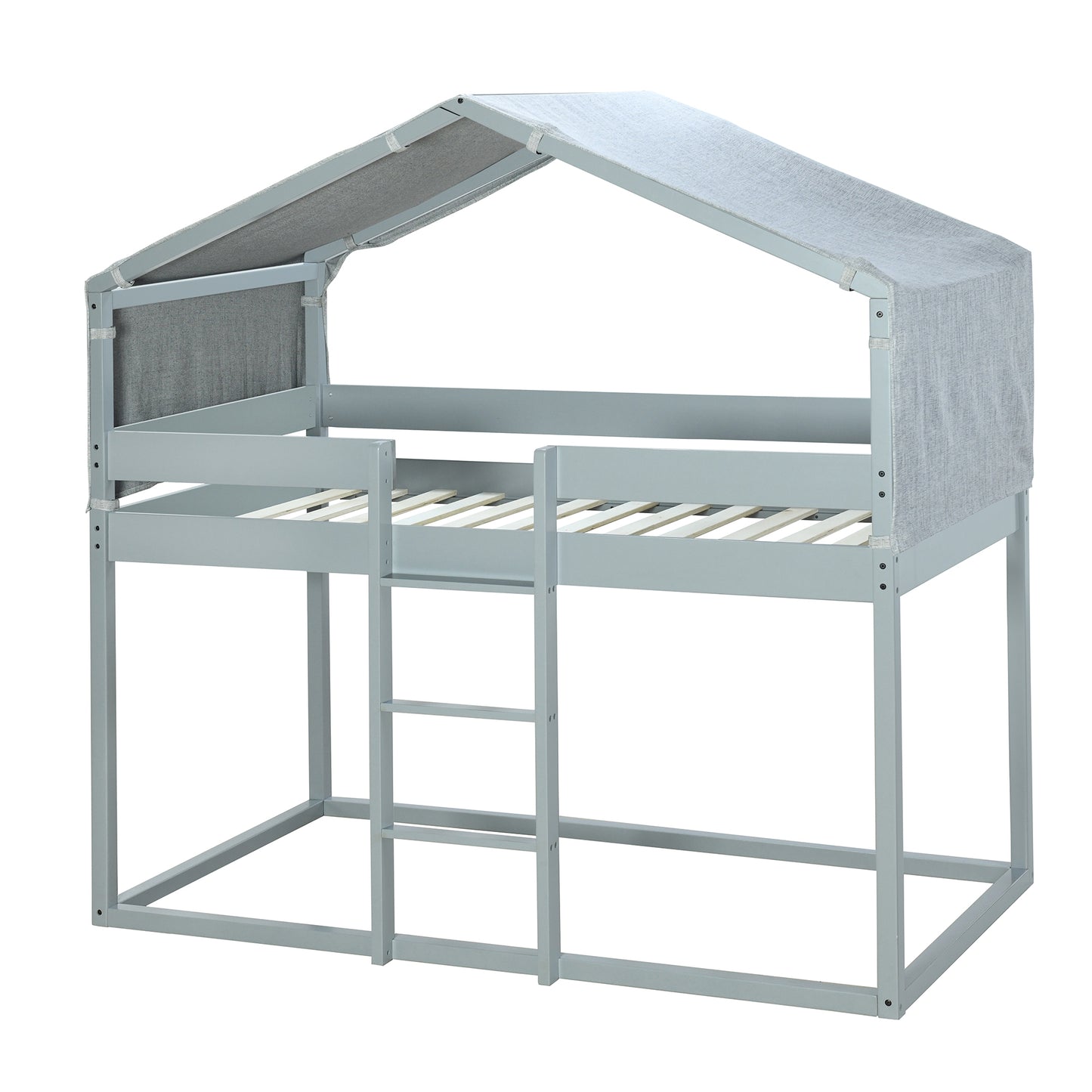 House-Shaped Twin Over Twin Bunk Bed with Tent in Gray Wood