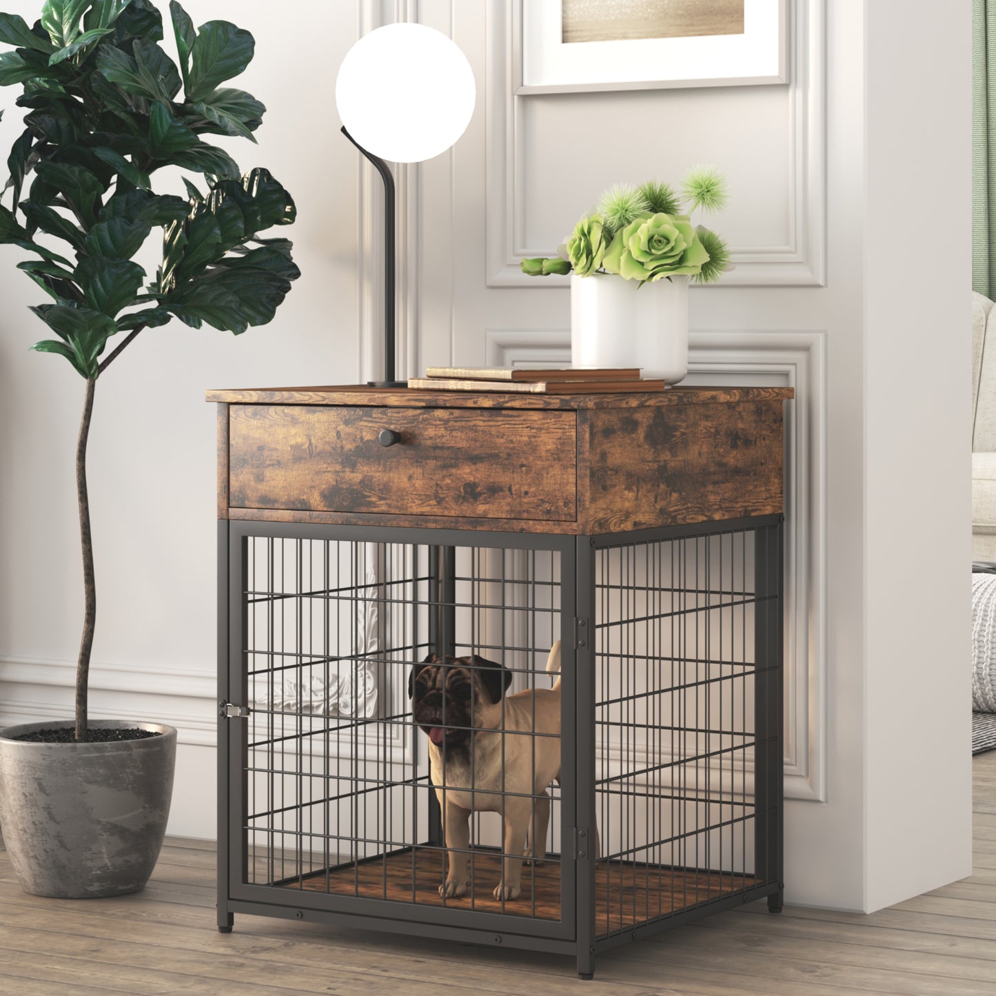 Furniture Style Wood Dog Crate End Table with Storage Console. Rustic Brown,19.69'' W x 22.83'' D x 26.97'' H.