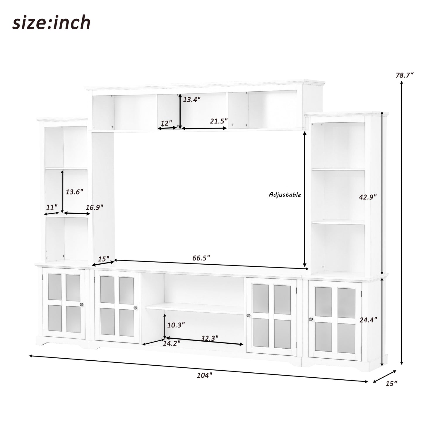 Modern White Entertainment Wall Unit with Bridge and Tempered Glass Door for TVs Up to 70