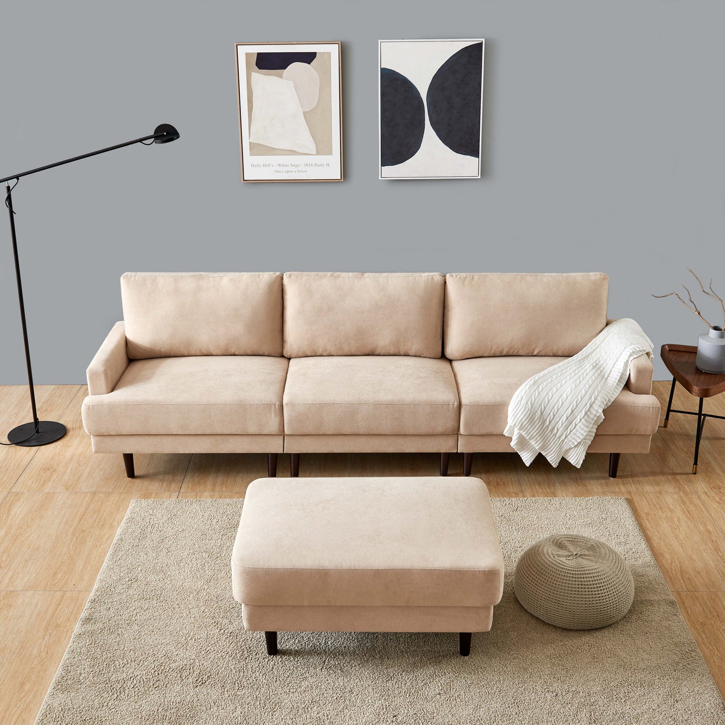 Modern fabric sofa L shape, 3 seater with ottoman-104.6" Beige