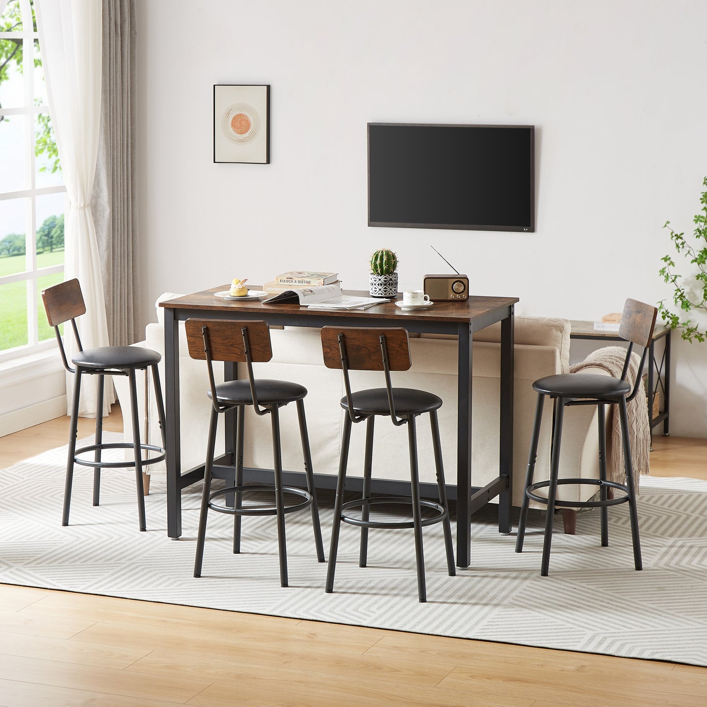 Bar Table Set with 4 Bar stools PU Soft seat with backrest, Rustic Brown, 47.24'' L x 23.62'' W x 35.43'' H