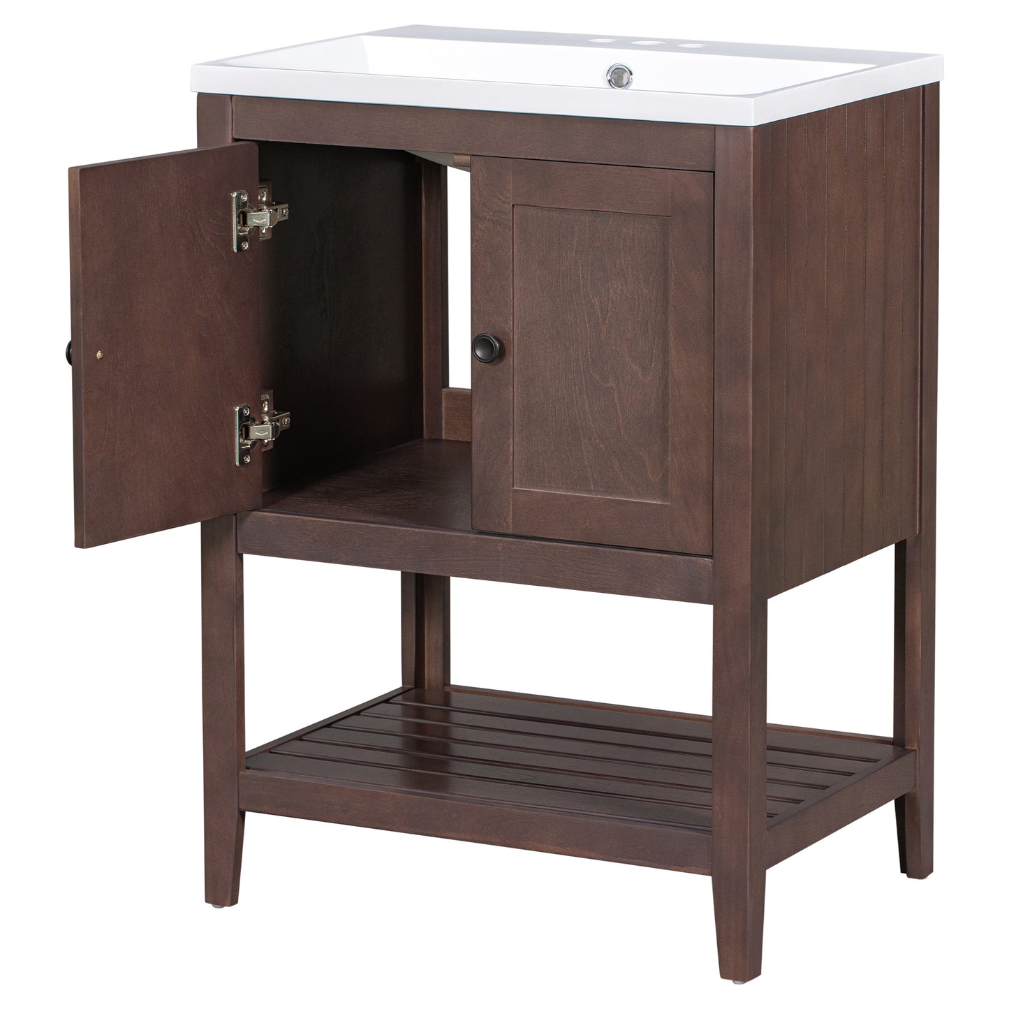 24" Brown Modern Sleek Bathroom Vanity Elegant Ceramic Sink with Solid Wood Frame Open Style Shelf