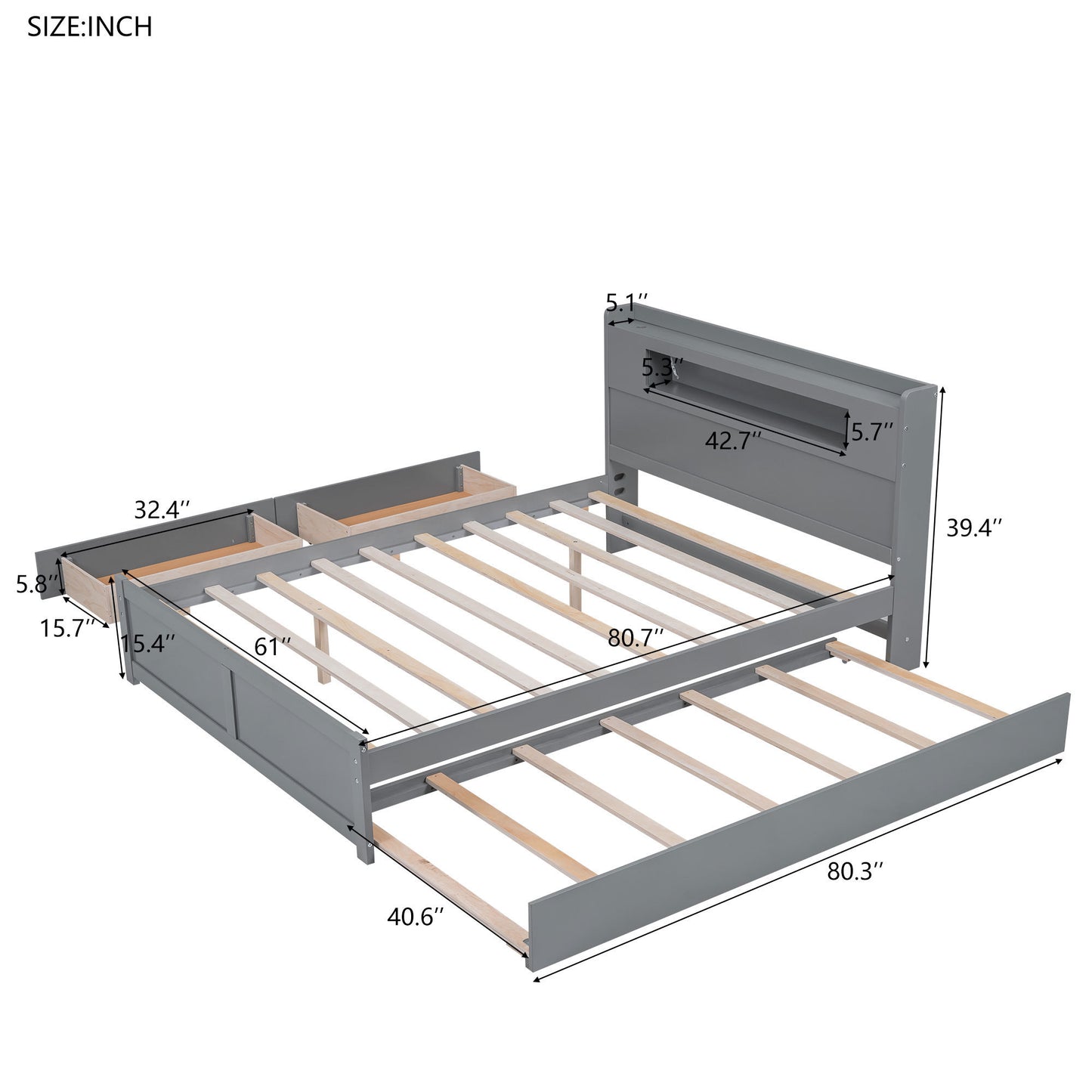 Queen Size Wood Storage Platform Bed with LED, 2 Drawers and 1 Twin Size Trundle, Gray