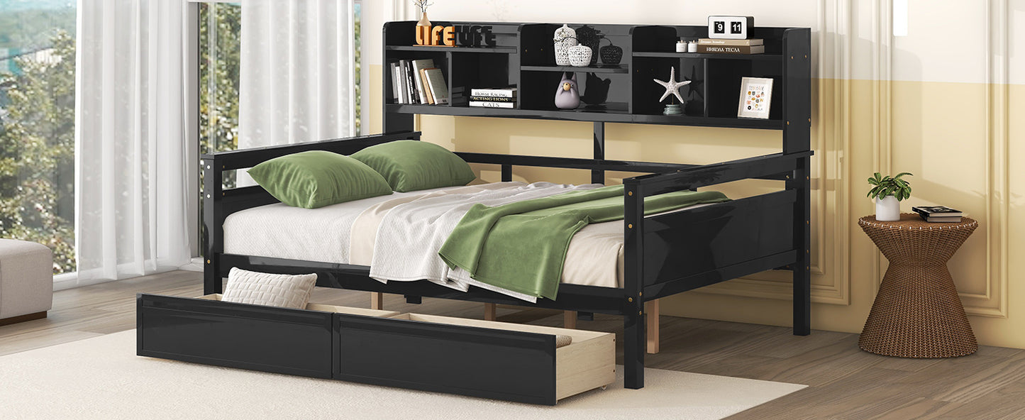 Full size Daybed, Wood Slat Support, with Bedside Shelf and Two Drawers, Espresso
