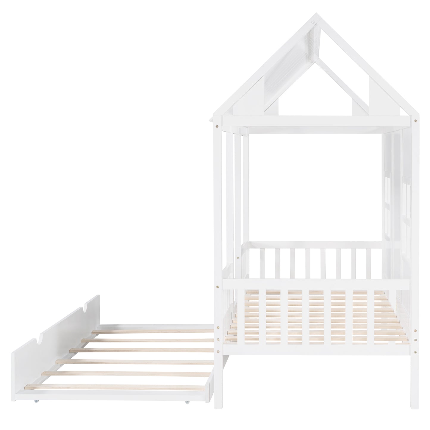 Twin Size Wood House Bed With Twin Size Trundle, Wooden Daybed, White