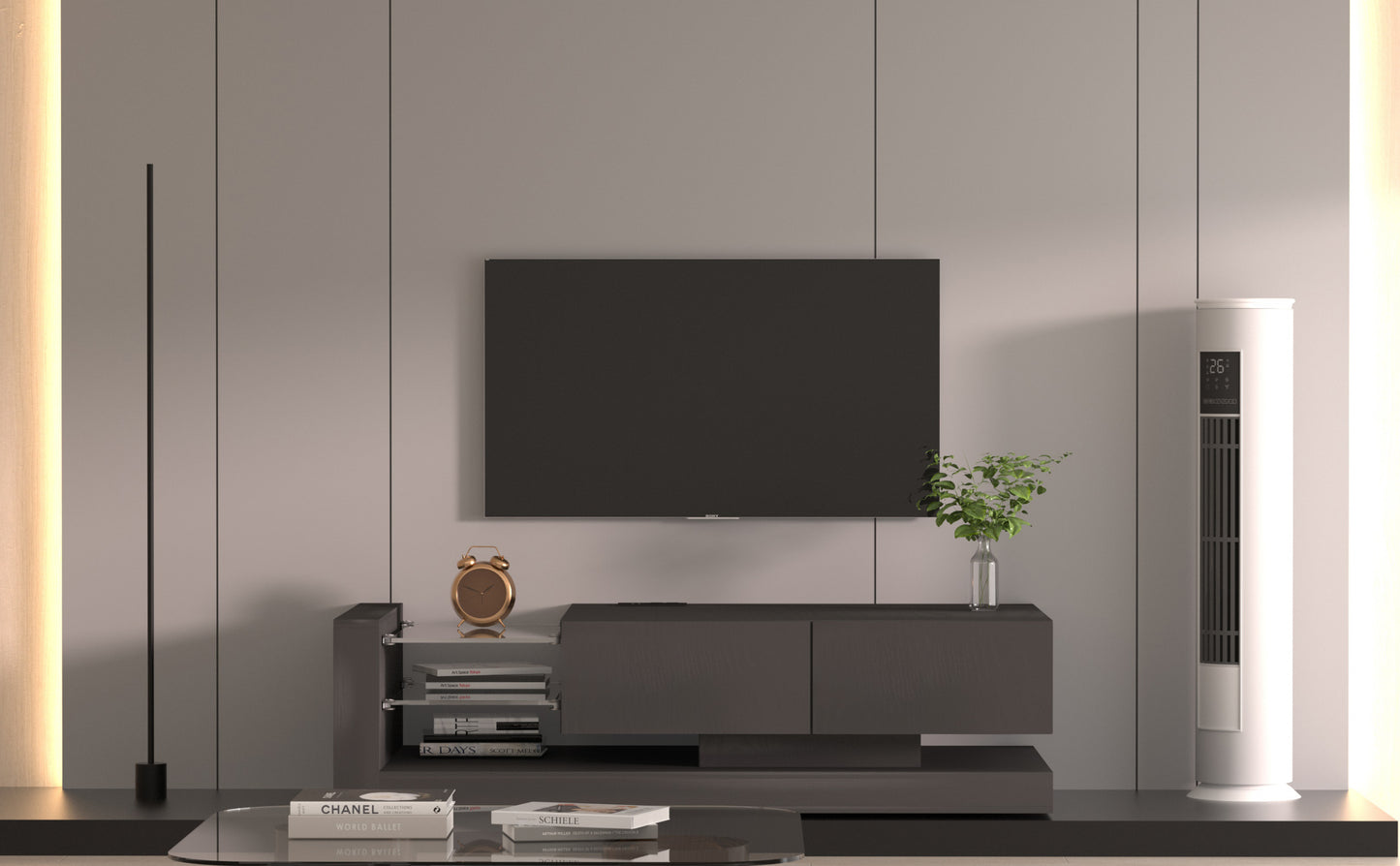 Modern Black TV Console with Remote and App Controlled RGB LED Lights and Storage Cabinets for 75 inches TV