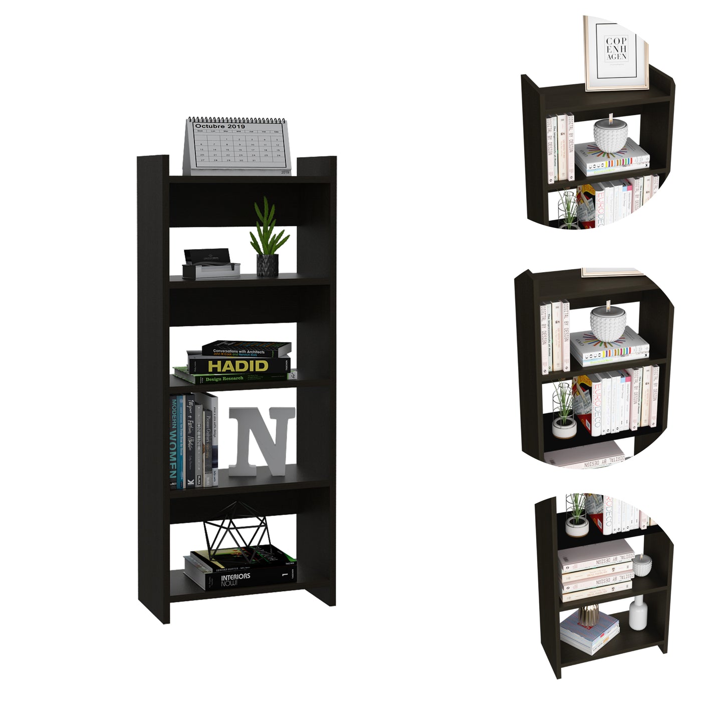 Modern Black Home Office Desk and Bookcase Set with Drawer and 7 Shelves