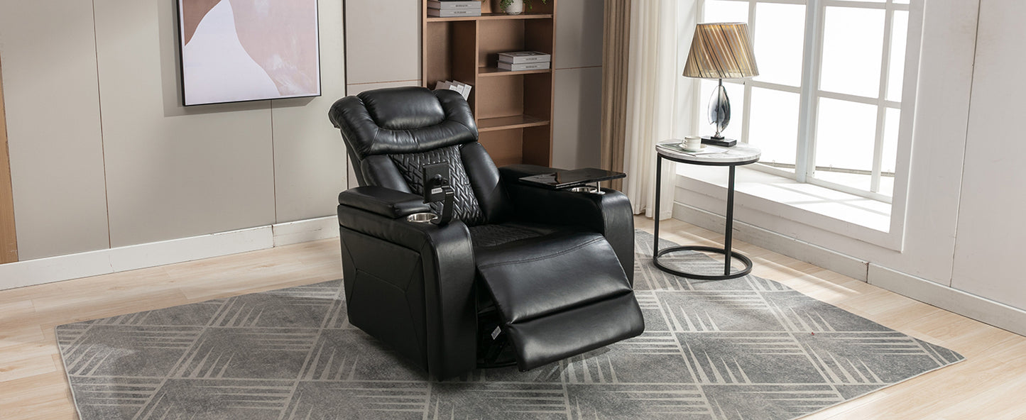 Luxury Black Swivel Recliner Chair with Tray Table, Phone Holder, and USB Port