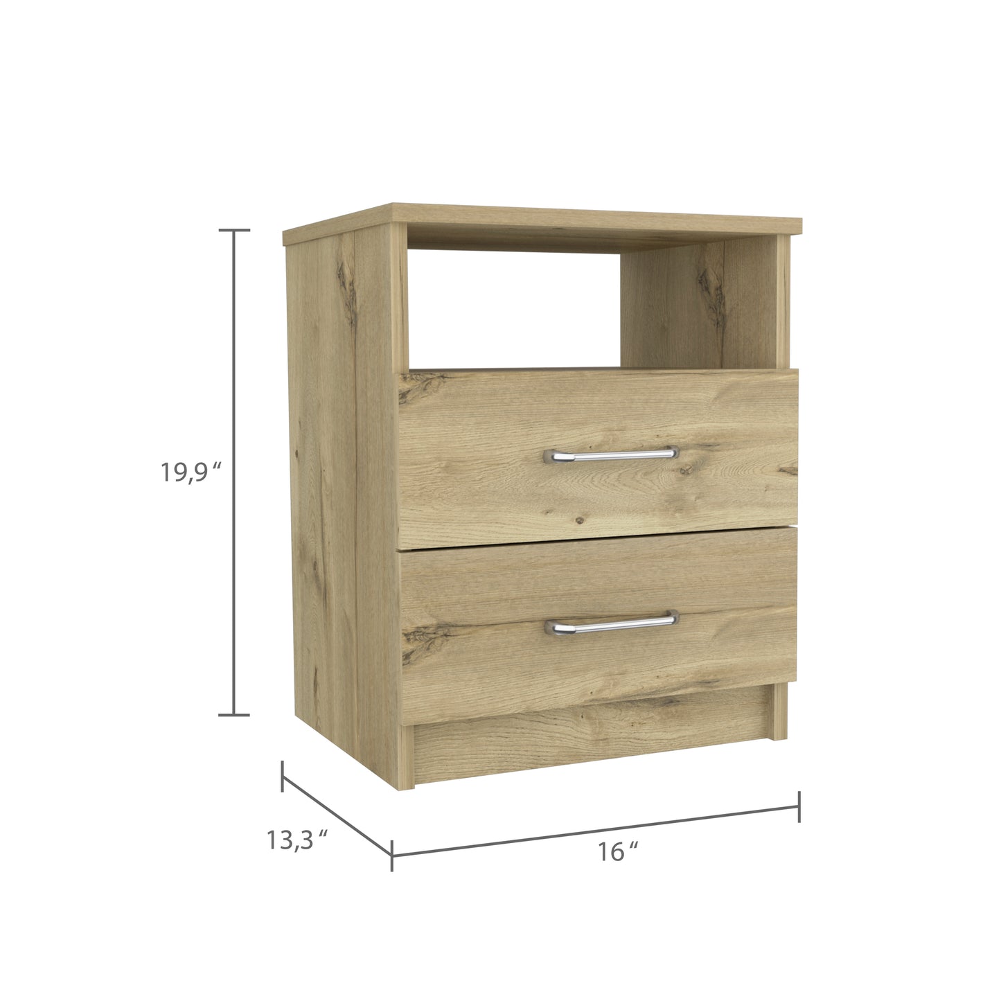 Nightstand Olienza, Two Drawers, One Shelf, Light Oak Finish