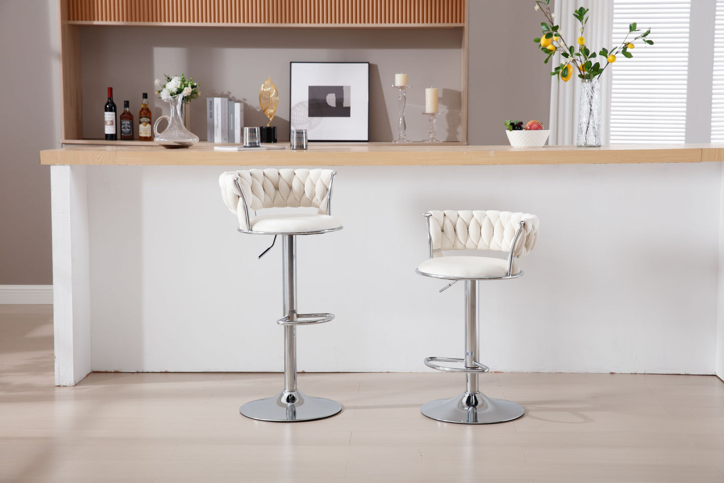 Set of 2  Bar Stools,with Chrome Footrest and Base Swivel Height Adjustable Mechanical Lifting Velvet + Bar Stool-BEIGE