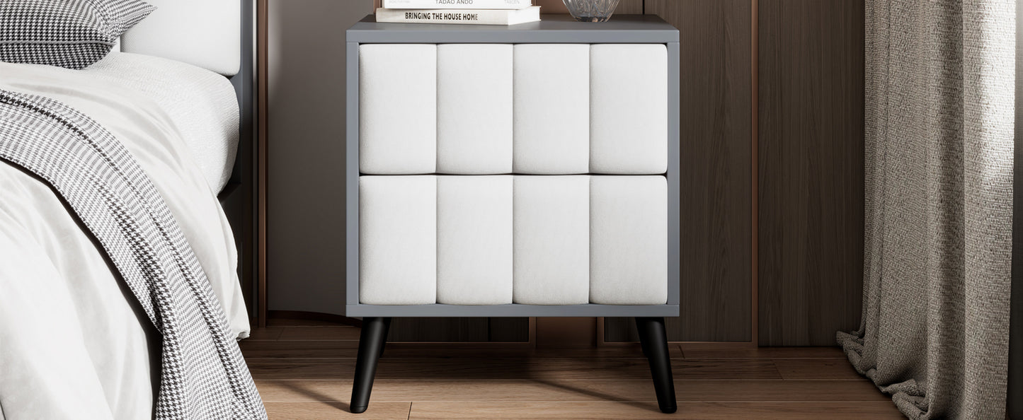 2-Drawer Nightstand for Bedroom, Mordern Wood+Linen Bedside Table with Classic Design,Gray+White