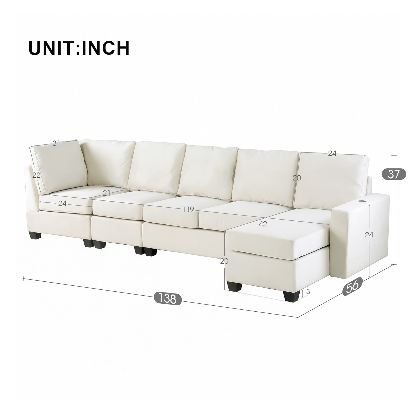 Modern L-shaped Sectional Sofa with Convertible Chaise Lounge