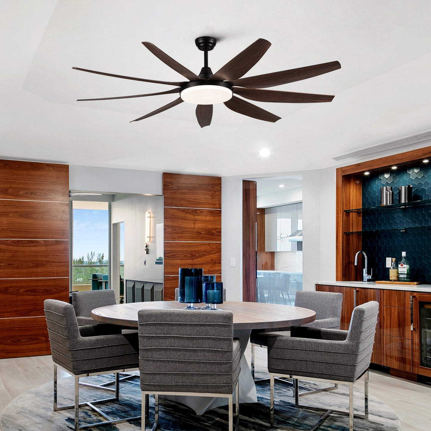 71 Rustic Integrated LED Ceiling Fan with 9 Solid Wood Blades