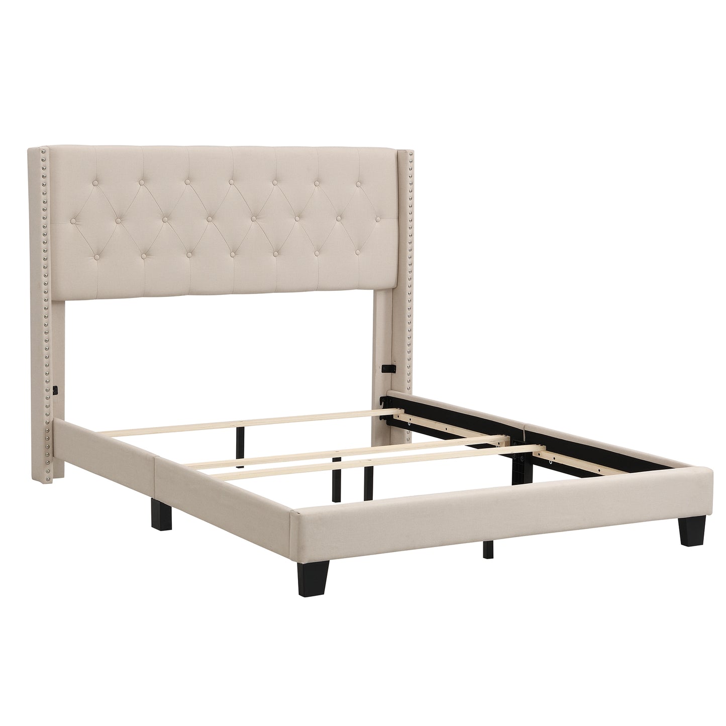 Upholstered Platform Bed with Classic Headboard, Box Spring Needed, Beige Linen Fabric, Queen Size