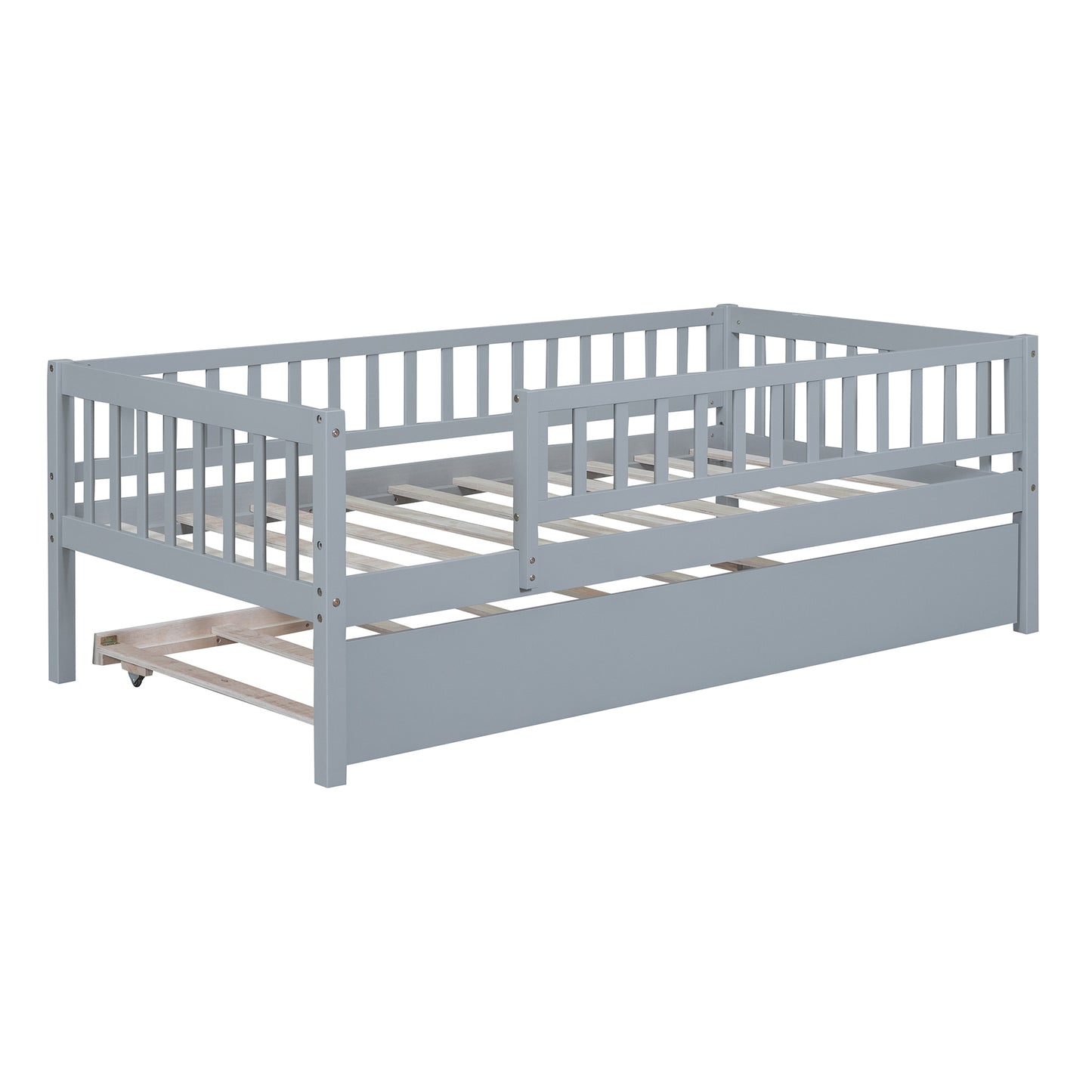 Twin Size Wood Daybed with Trundle and Fence Guardrails, Gray