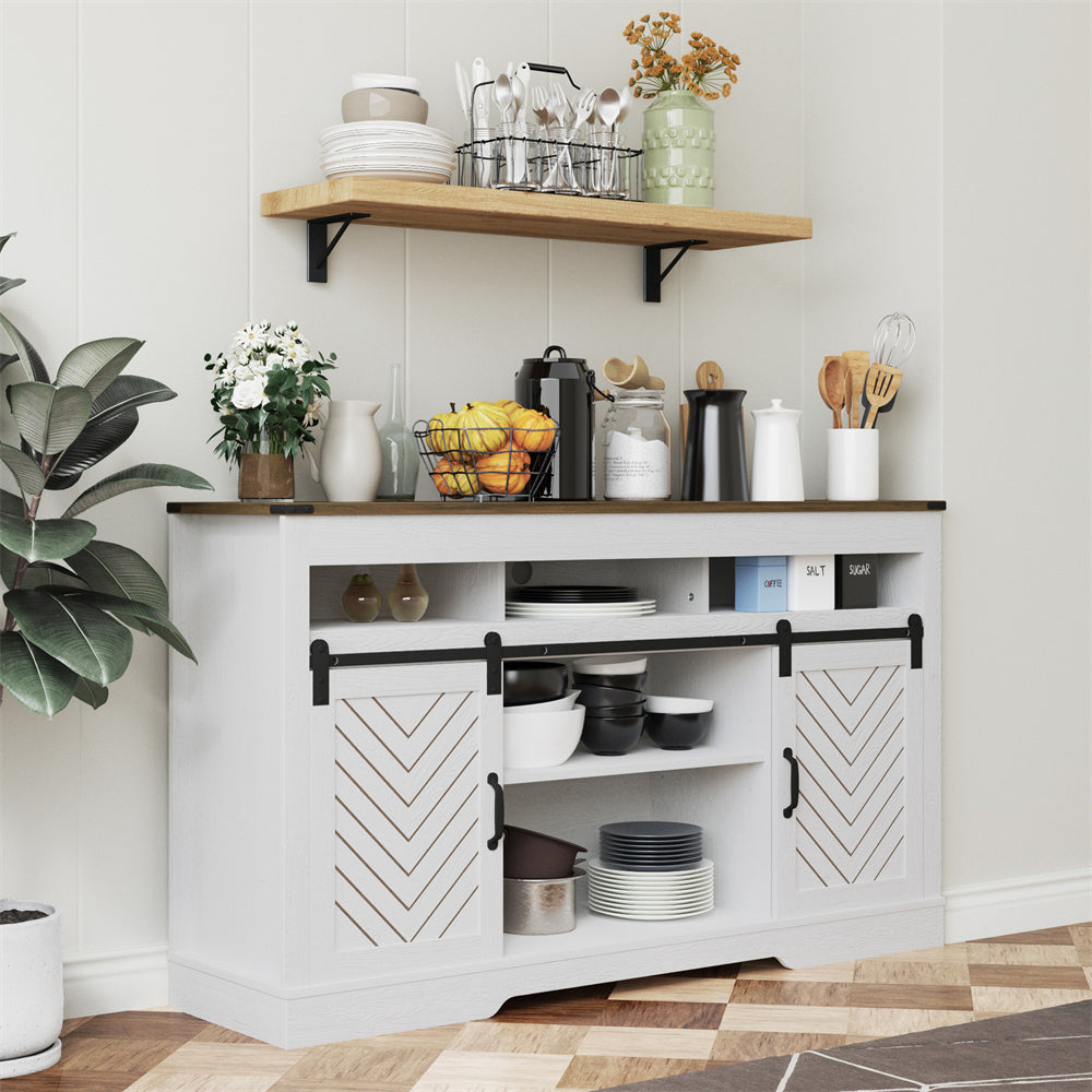 Modern Farmhouse TV Stand Sideboard in White Wood with Adjustable Shelves