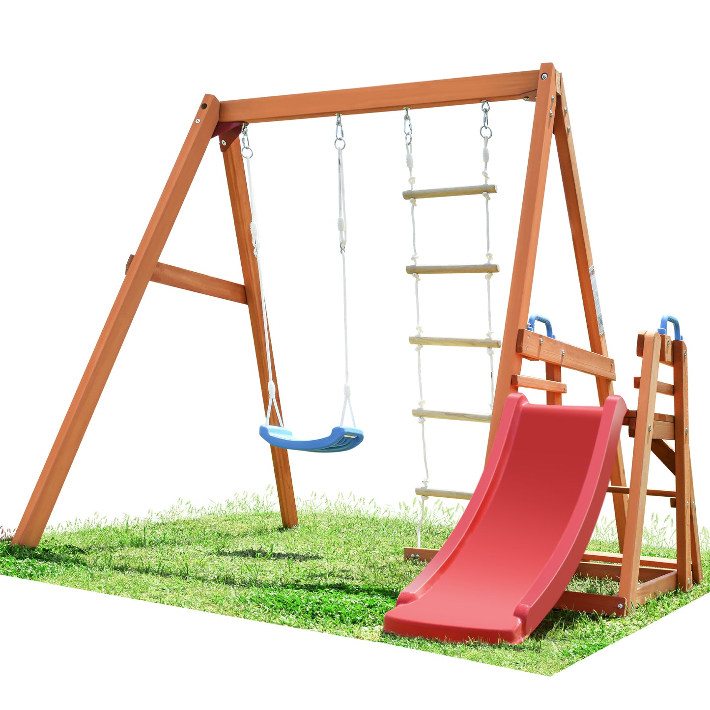 Wooden Outdoor Swing Set with Slide, Climbing Rope Ladder, and Swing for Kids