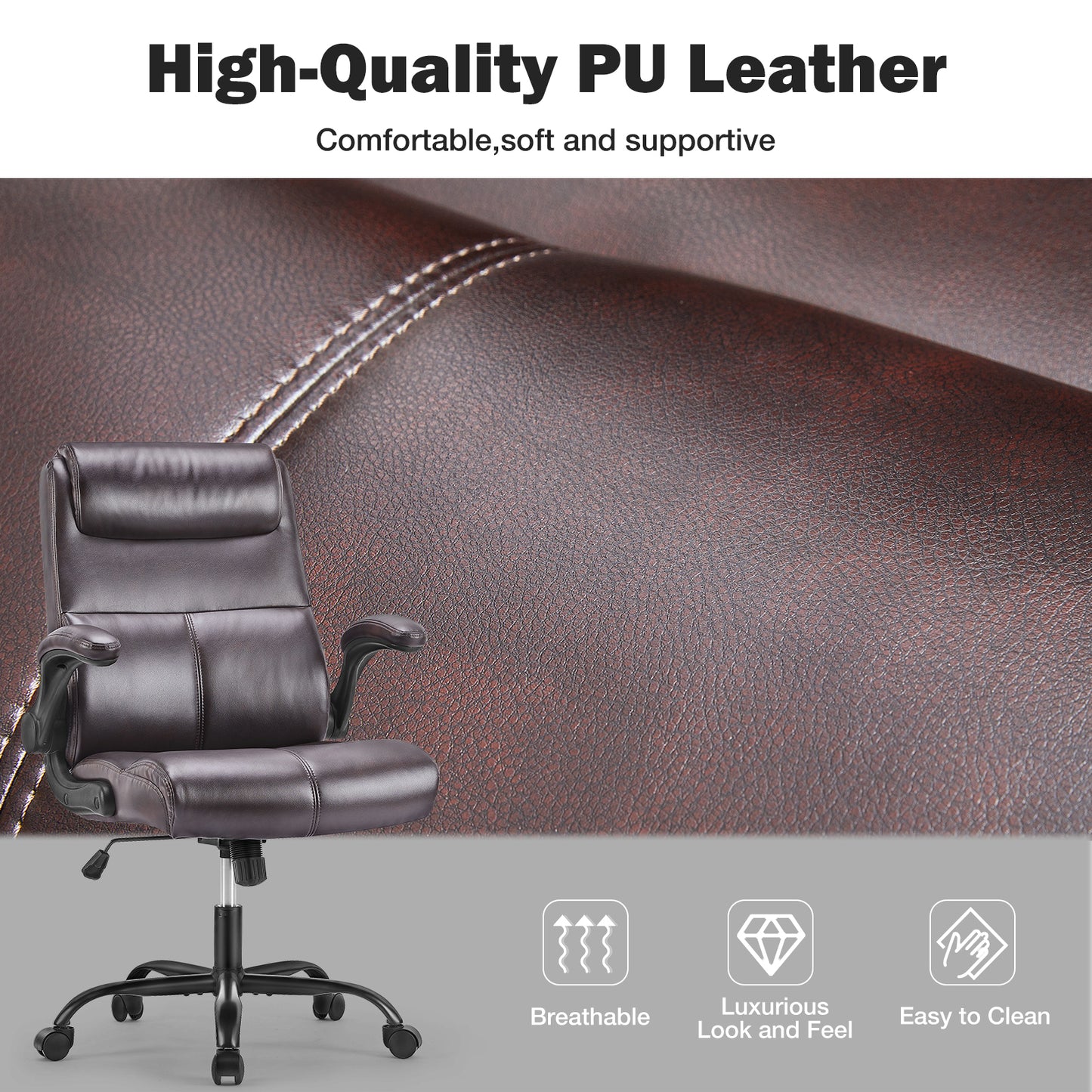 Sweetcrispy Ergonomic Executive Home Office Chair Adjustable Height PU Leather Desk Chair