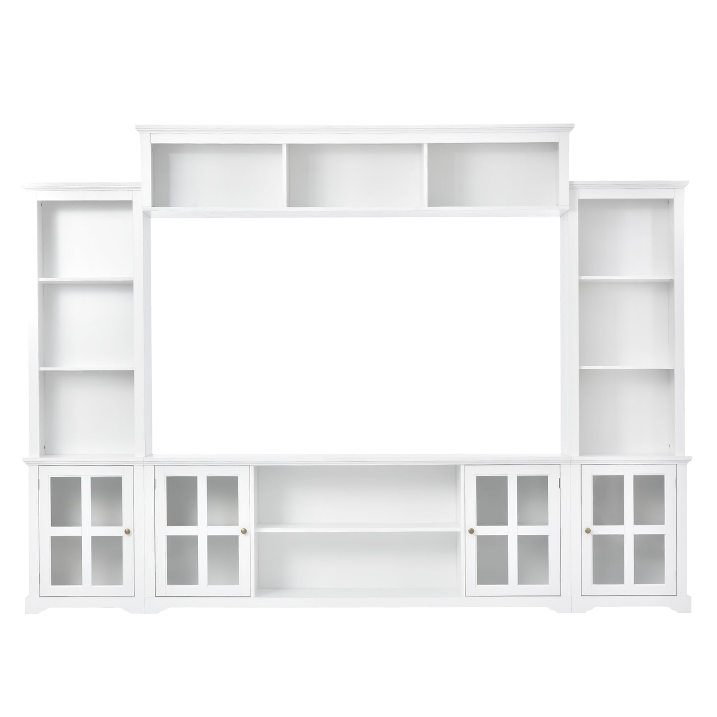 Modern White Entertainment Wall Unit with Bridge and Tempered Glass Door for TVs Up to 70