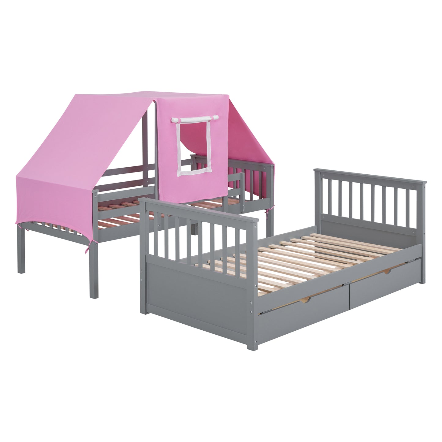 Gray and Pink Twin Over Twin Bunk Bed with Tent and Drawers for a Playful Bedroom Environment