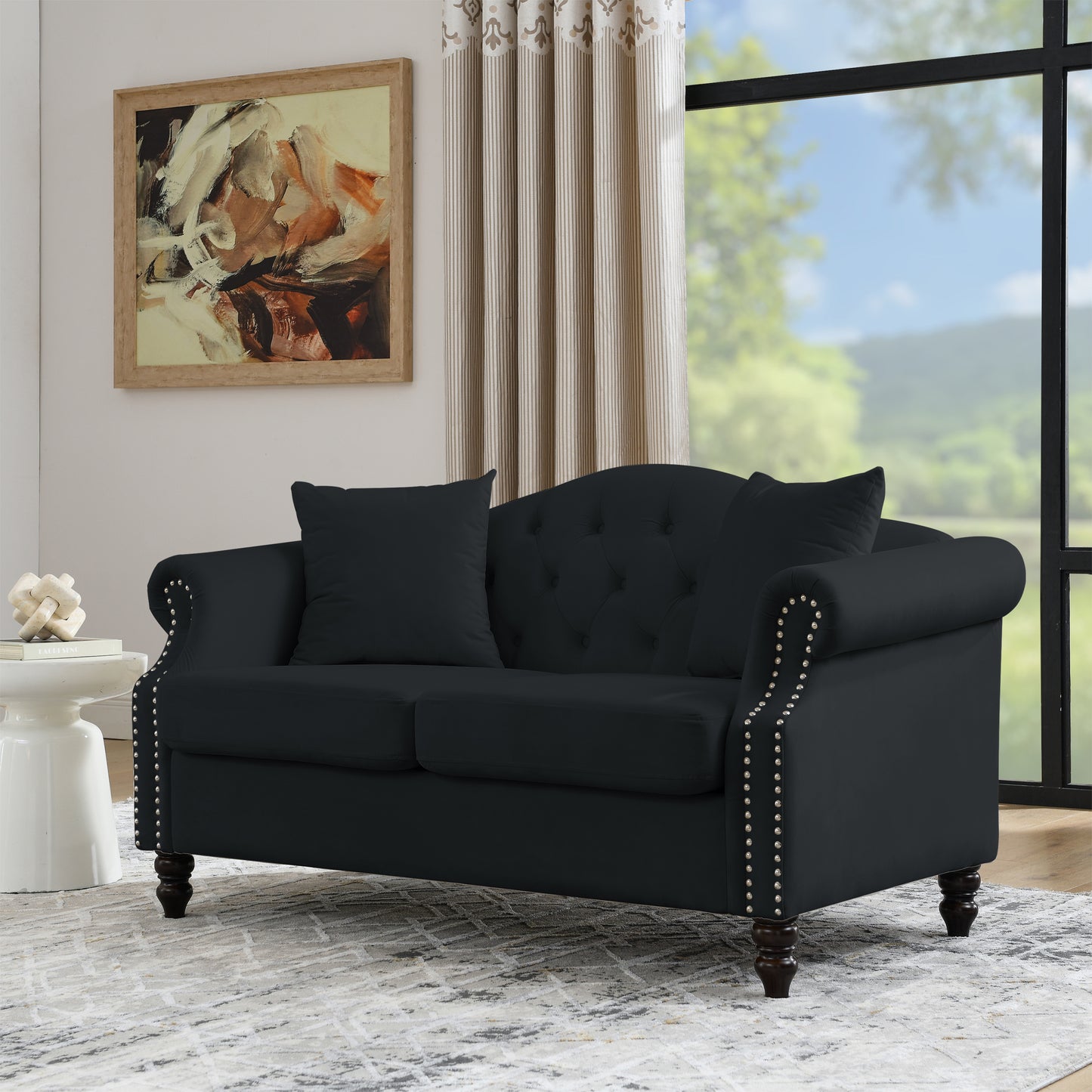 [Video] 79" Chesterfield Sofa Black Velvet for Living Room, 3 Seater Sofa Tufted Couch with Rolled Arms and Nailhead for Living Room, Bedroom, Office, Apartment, 3S+2S