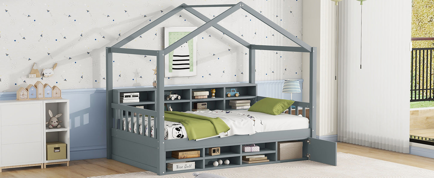 Twin Size Wooden House Bed with Shelves and a Mini-cabinet, Gray