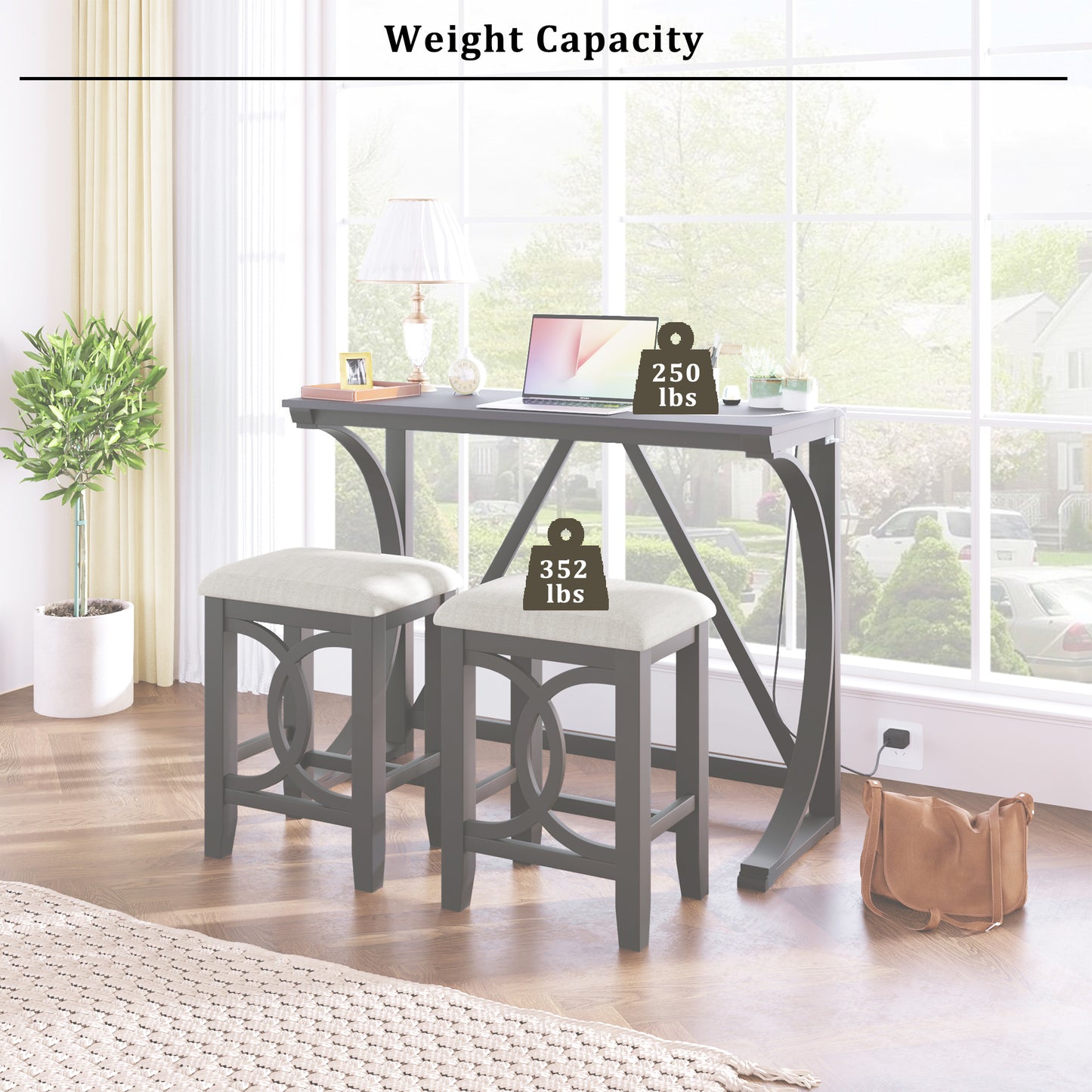 Farmhouse 3-Piece Counter Height Dining Table Set with USB Port and Upholstered Stools,Gray