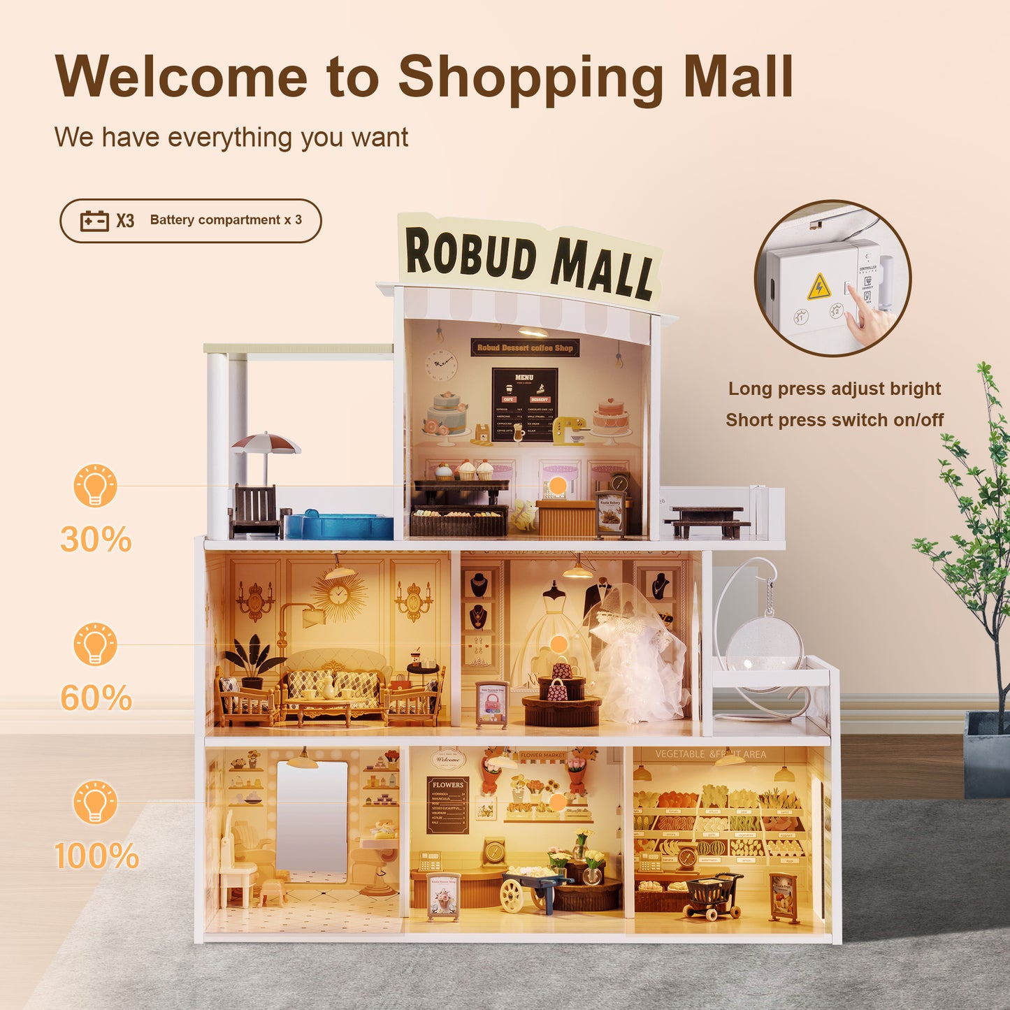 Wooden Shopping Mall Dollhouse with Functional Areas for Imaginative Play