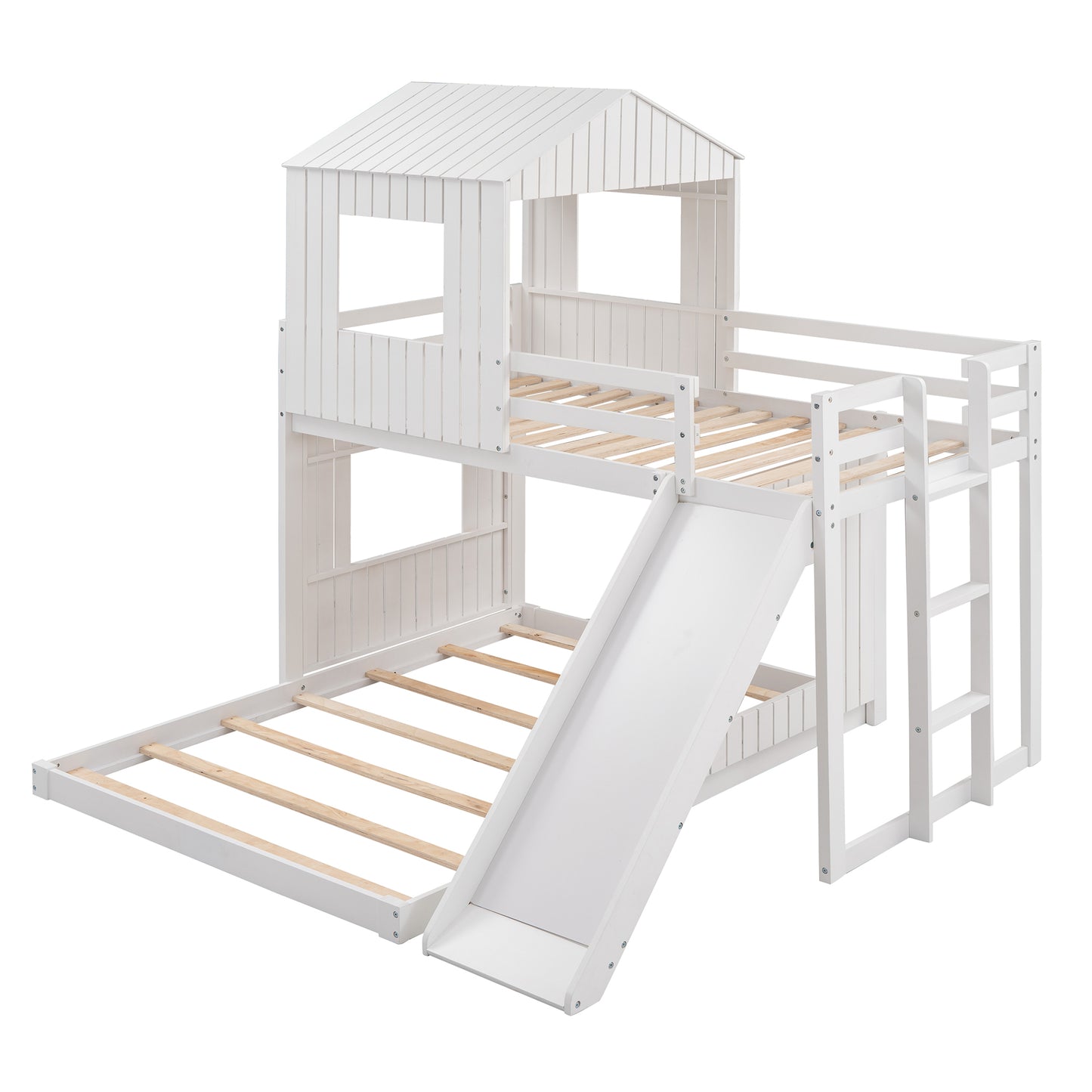 White Wooden Bunk Bed with Playhouse and Slide - Farmhouse Style