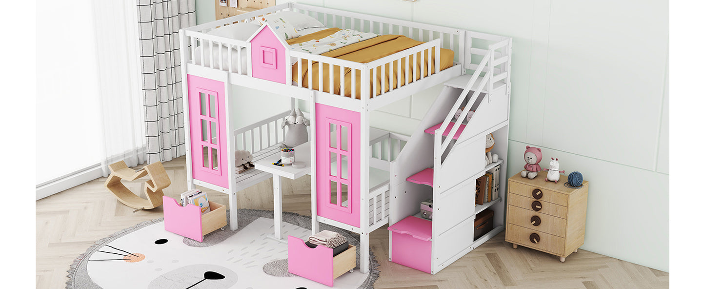 Pink Full-Over-Full Bunk Bed with Multi-Functional Table