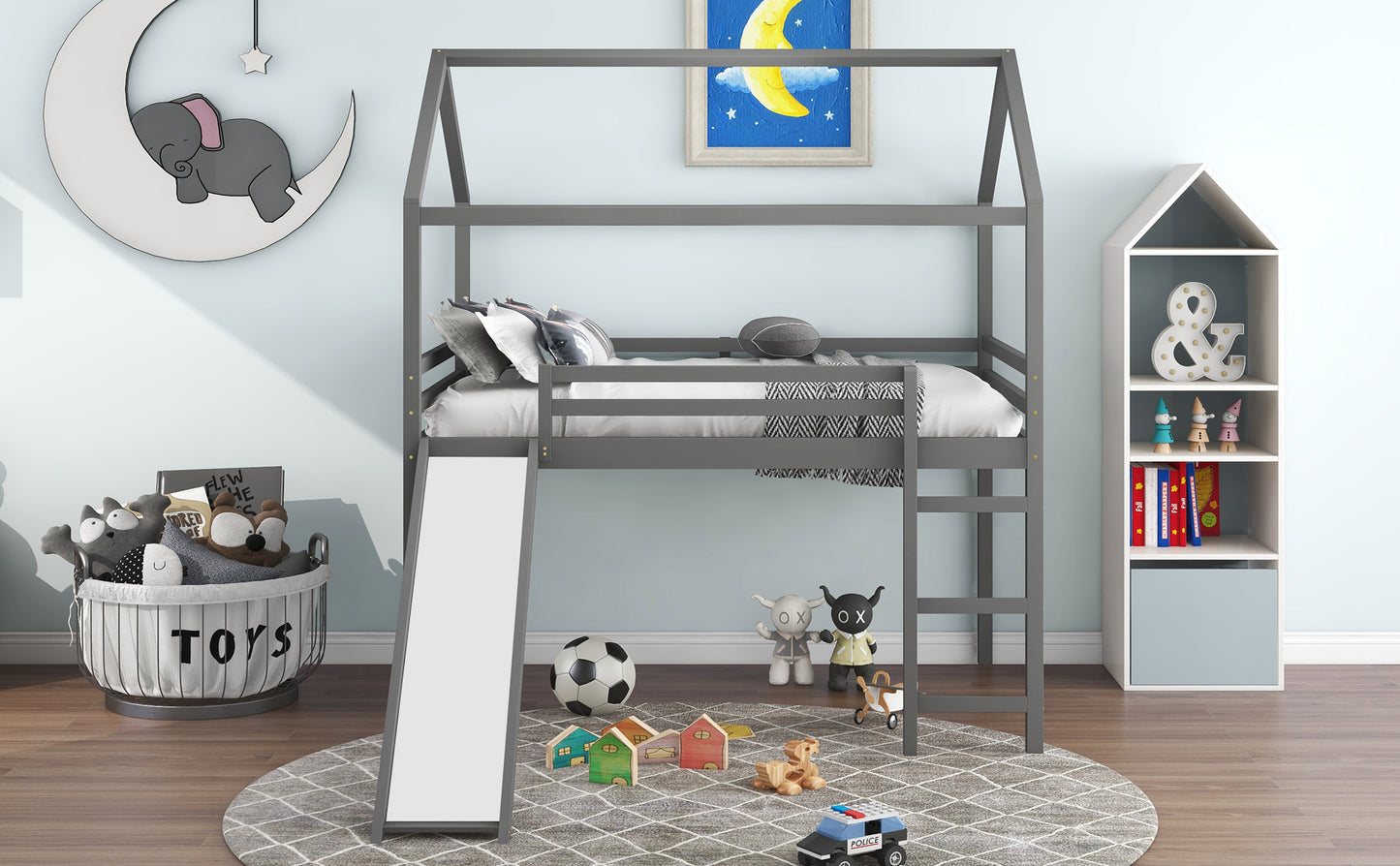 Full Size Loft Bed with Slide, House Bed with Slide,Gray( :WF281161AAE)