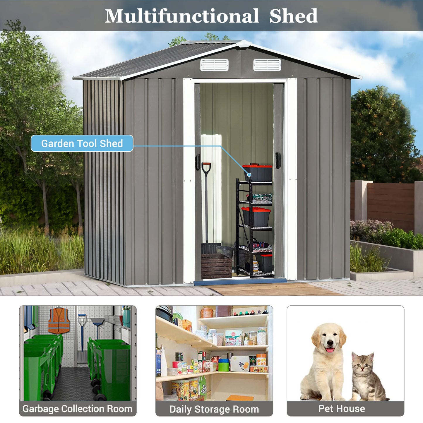 Patio 6ft x4ft Bike Shed Garden Shed, Metal Storage Shed with Adjustable Shelf and Lockable Door, Tool Cabinet with Vents and Foundation for Backyard, Lawn, Garden, Gray