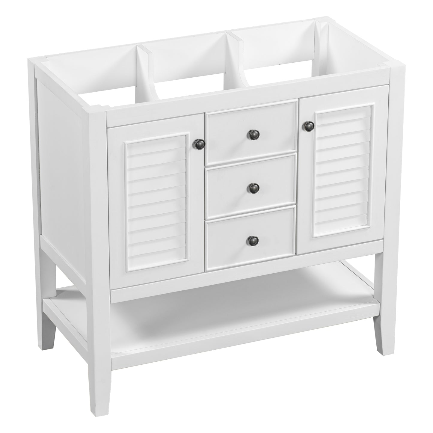 36" Bathroom Vanity without Sink, Cabinet Base Only, Two Cabinets and Drawers, Open Shelf, Solid Wood Frame, White