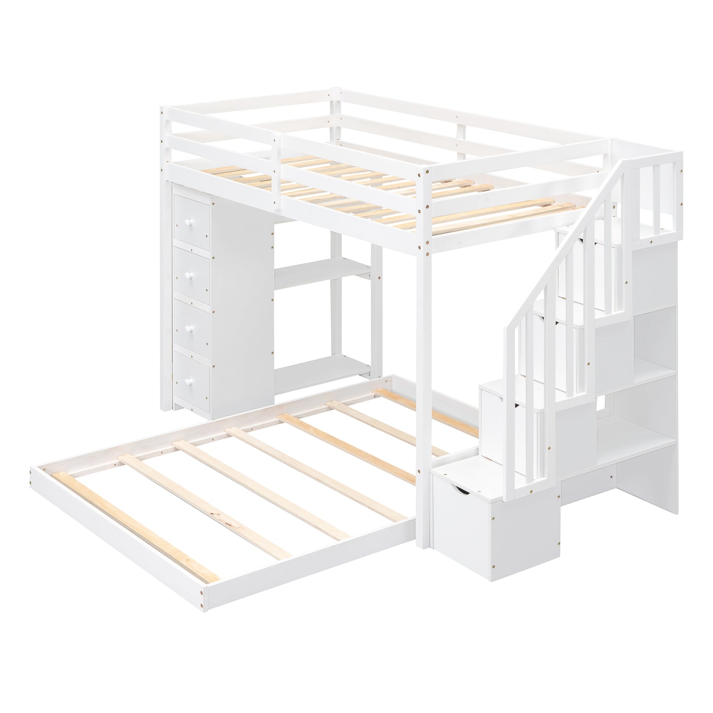 White Twin Over Full Bunk Bed with Storage Stairs & Drawers for Space-Saving Solution