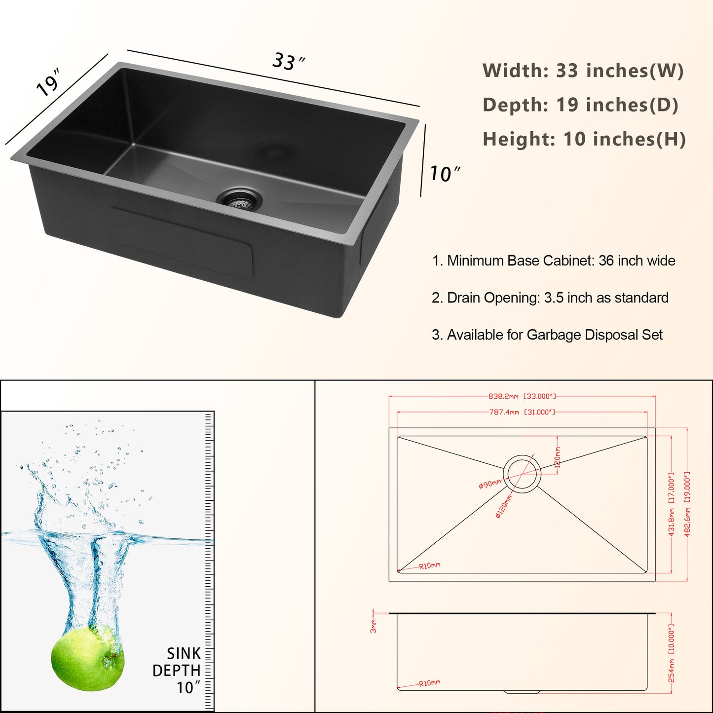 33 Gunmetal Black Undermount Kitchen Sink - 33x 19x 10 Single Bowl Basin 16 Gauge Stainless Steel with 10 Inch Depth