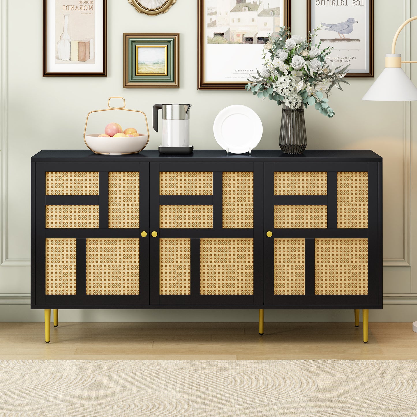 Modern Entertainment Console Table with Rattan Doors for TVs up to 55