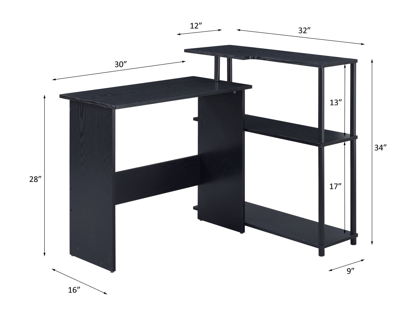 Ievi Black Industrial Writing Desk with Low Bookshelf