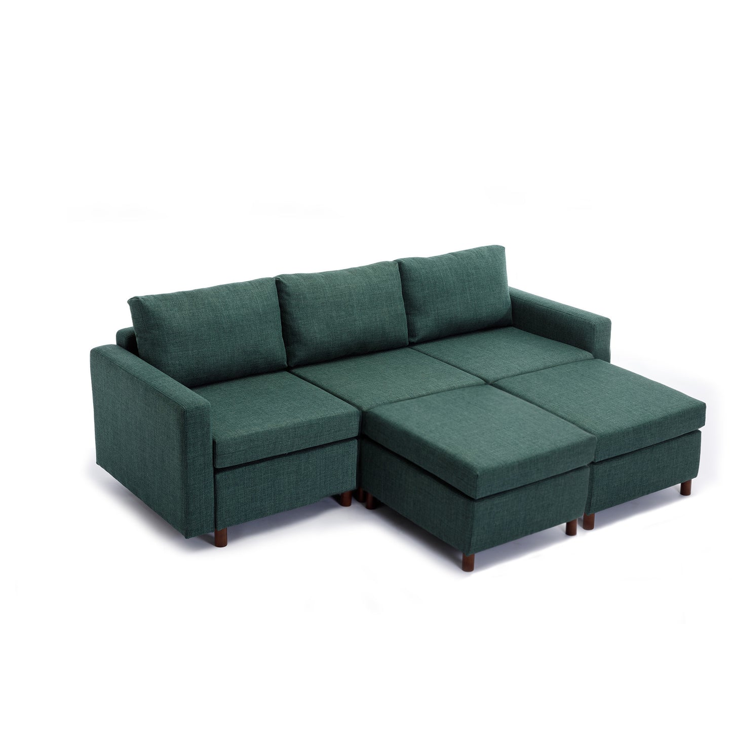 Modular Green Sectional Sofa Set with Ottoman and High-Quality Linen Fabric