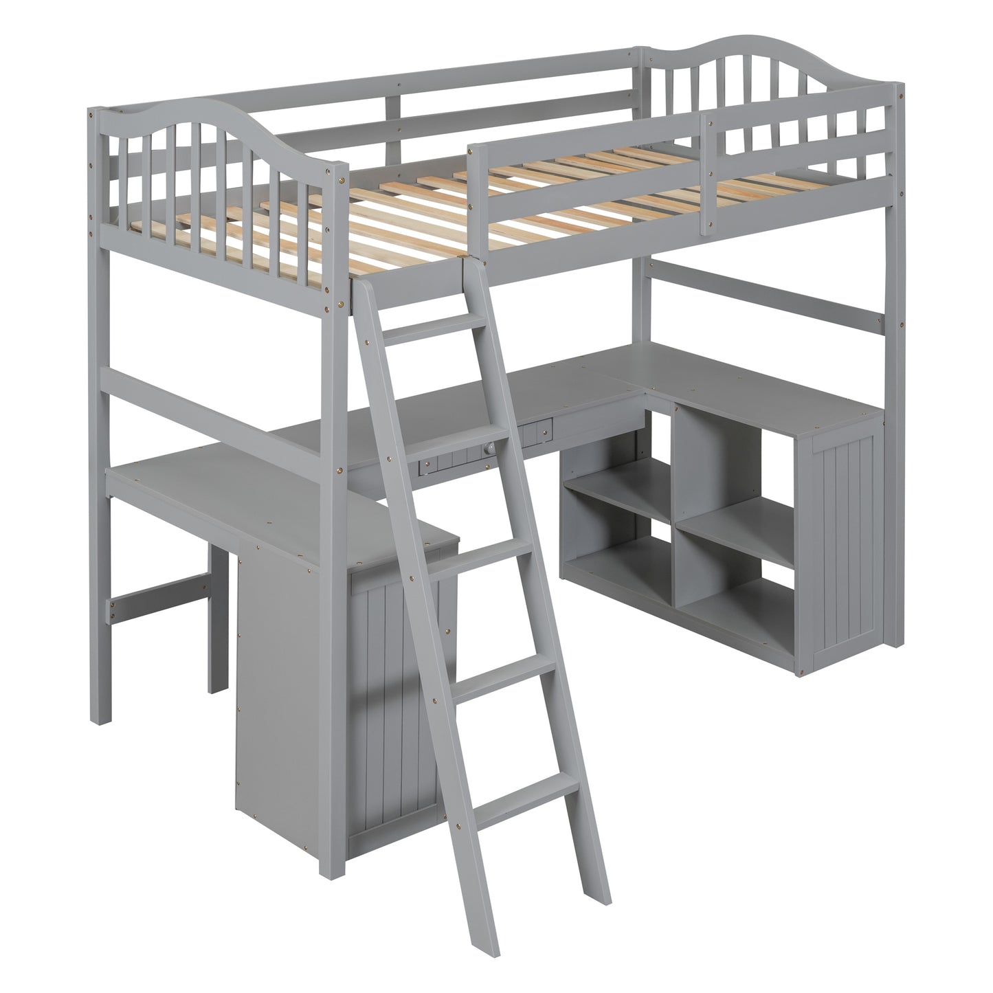 Twin size Loft Bed with Drawers, Cabinet, Shelves and Desk, Wooden Loft Bed with Desk - Gray( :LT000505AAE)