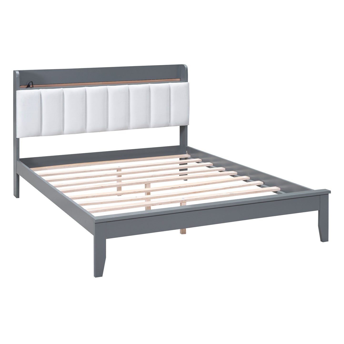 Full size Platform Bed with USB Charging Station and Storage Upholstered Headboard,LED Bed Frame,No Box Spring Needed,Gray+White