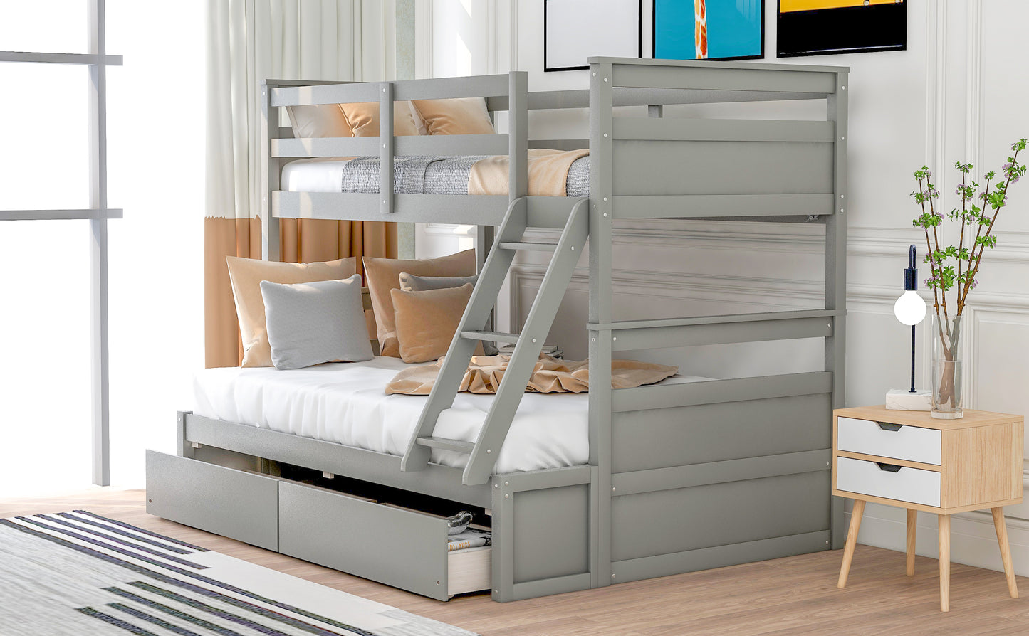 Gray Bunk Bed with Under-Bed Storage and Twin-Full Configuration