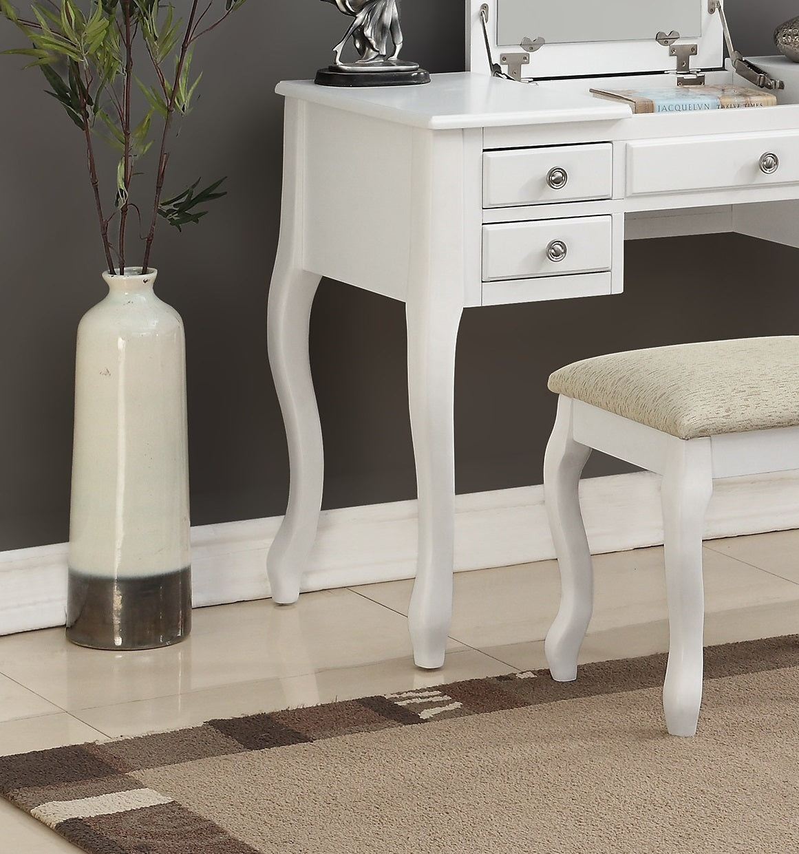 Classic 1pc Vanity Set w Stool White Color Drawers Open-up Mirror Bedroom Furniture Unique Legs Cushion Seat Stool Vanity