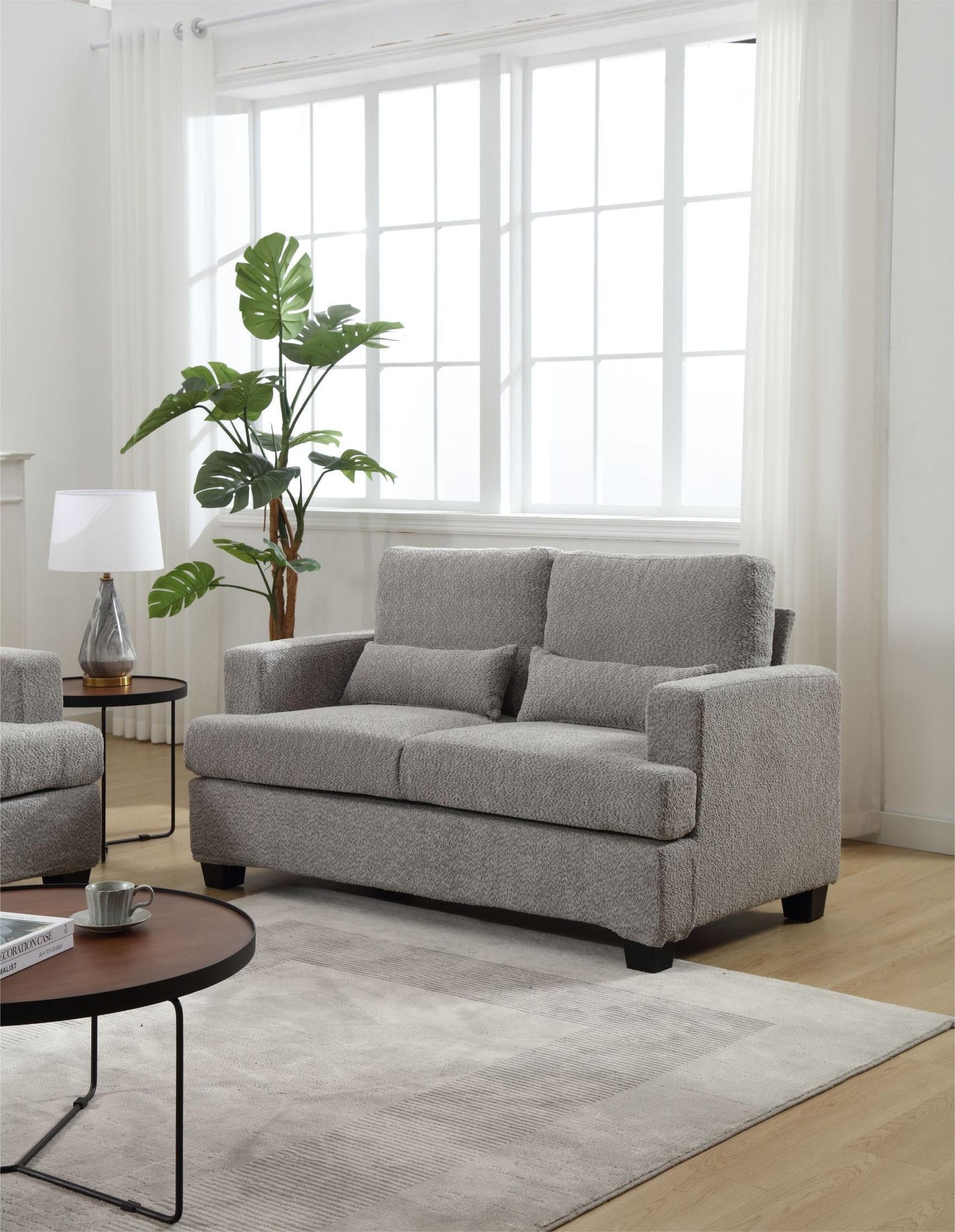 Elegant 63 Modern Loveseat with Square Armrest and 2 Waist Pillows (White & Gray Fabric)