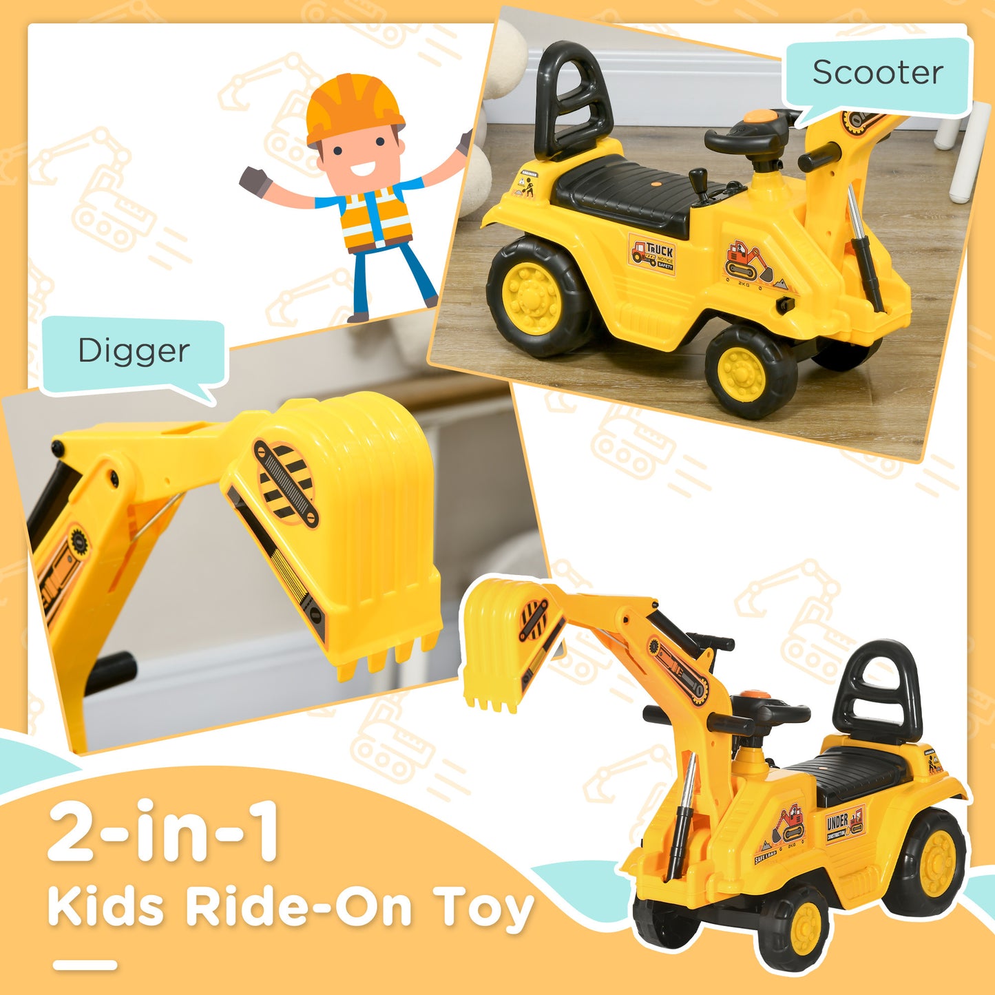 Ride On Excavator Pull Cart, Kids Digger Ride on Truck with Horn, Under Seat Storage, Sit and Scoot Pretend Play Toy Construction Car for Ages 18M+