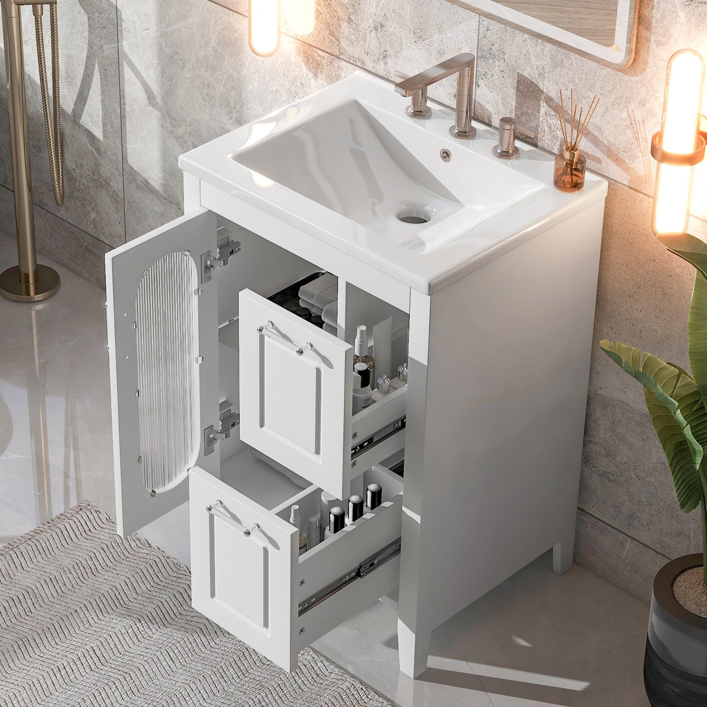 24-Inch White Bathroom Vanity Cabinet with Sink, Two Drawers, and Adjustable Shelf