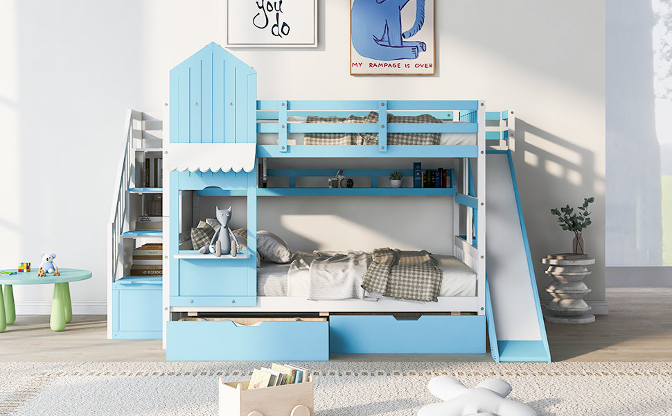 Blue Castle-Themed Full Bunk Bed with Slide, Storage, and Whimsical Charm