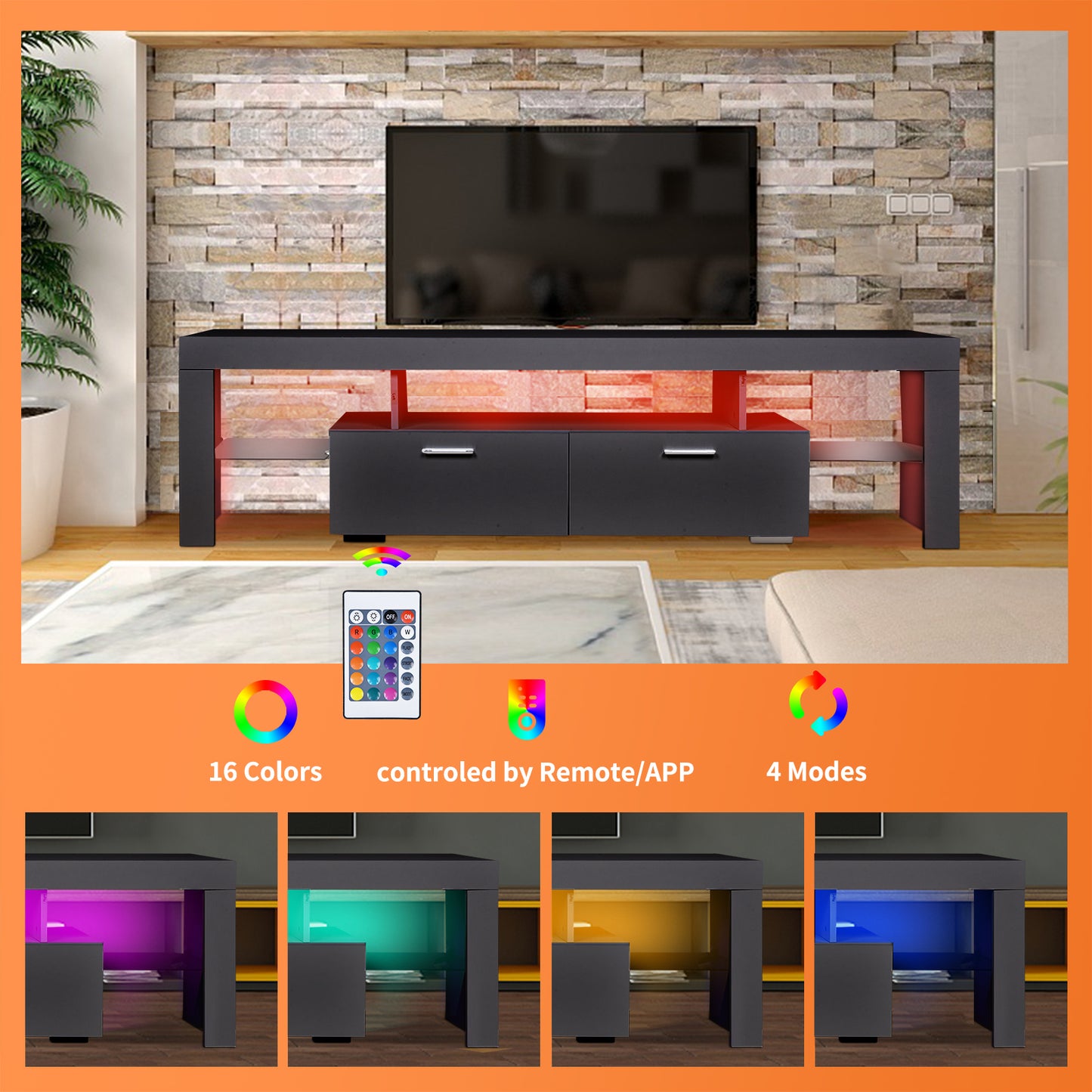 Modern LED TV Stand with Multi-Color Lighting and Storage Cabinet for TVs Up to 75 Inches