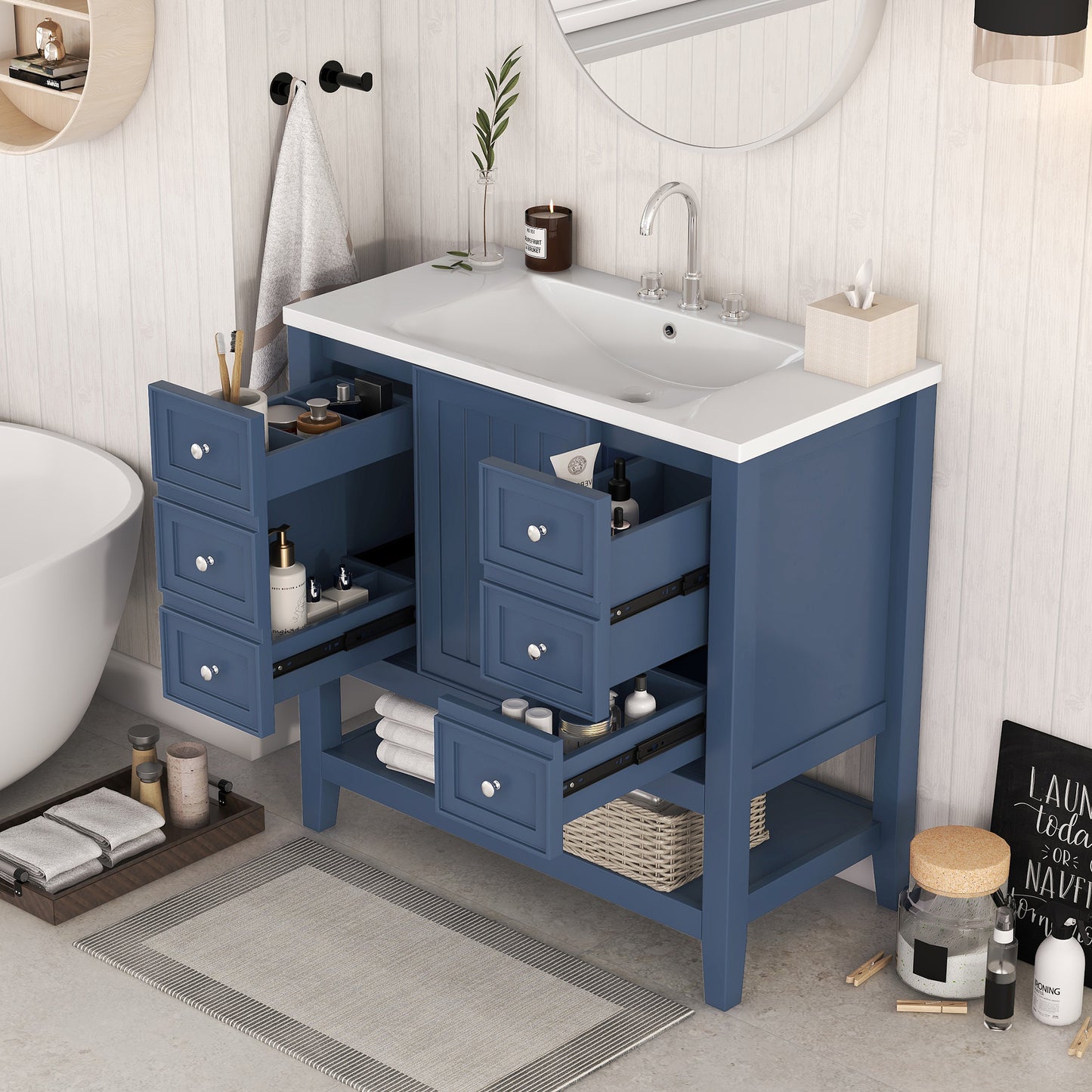 36" Bathroom Vanity with Sink Combo, One Cabinet and Three Drawers, Solid Wood and MDF Board, Blue