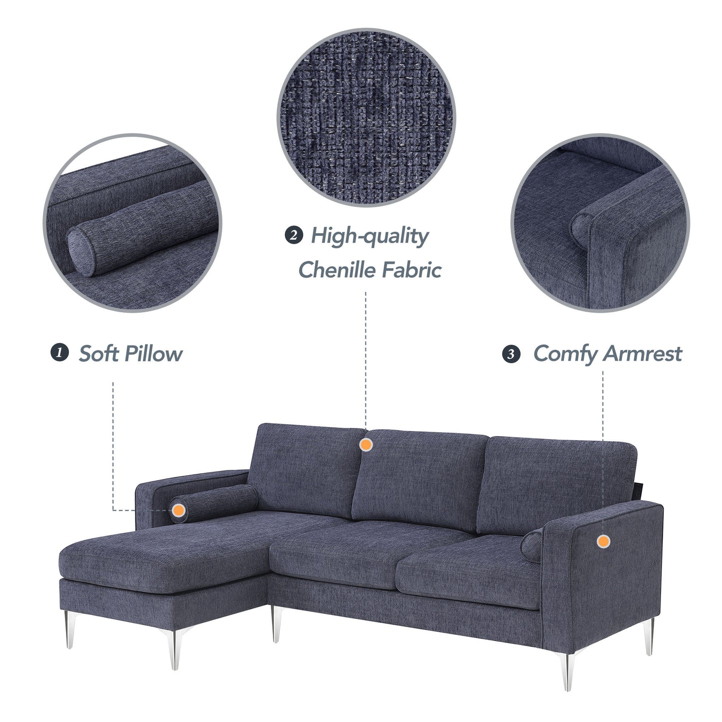 86 Modern Chenille Fabric Convertible Sectional Sofa with Reversible Chaise and 3-Seat Design